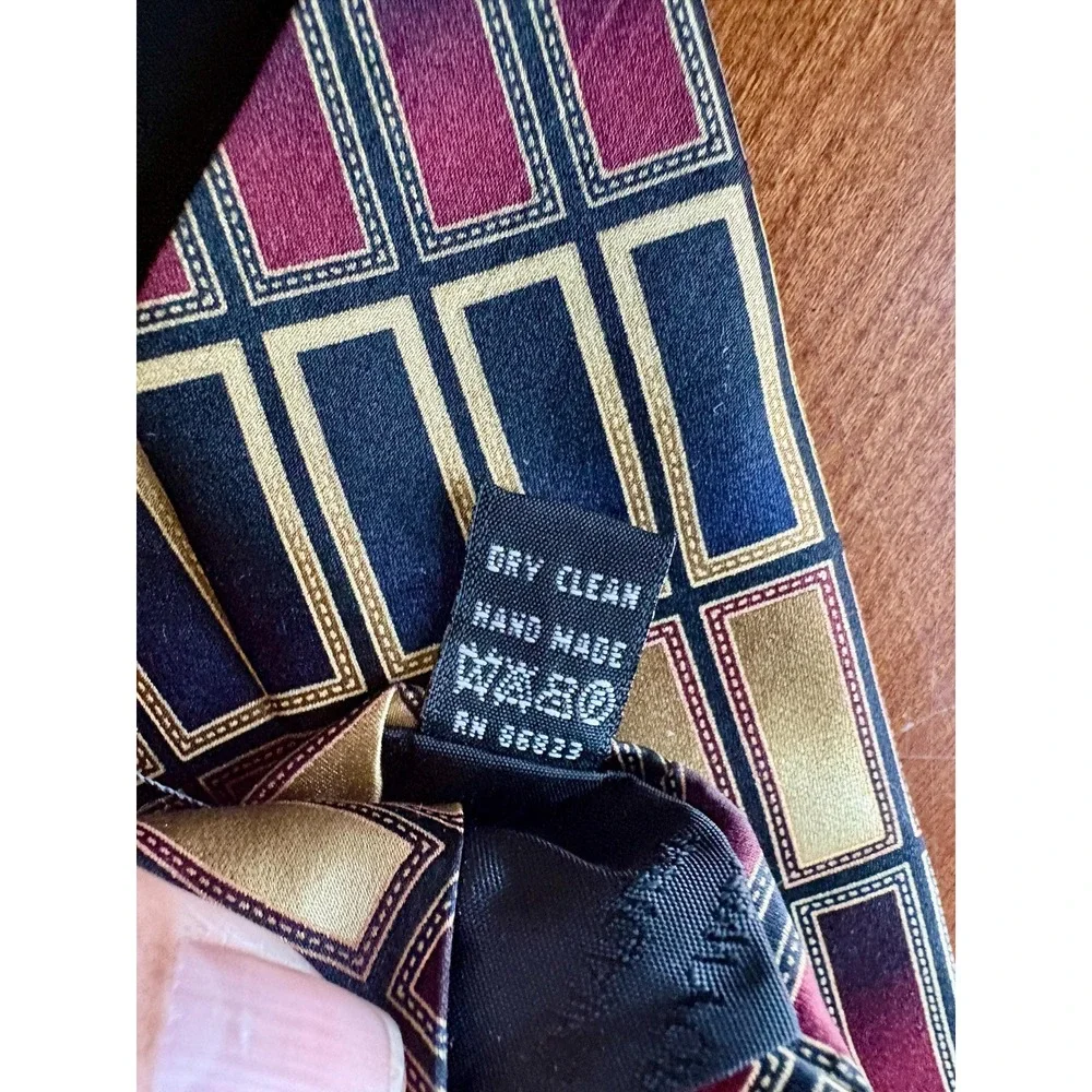 Vintage Bergamo New York Silk Tie Mens Geometric Rectangle Gold Blue Burgundy